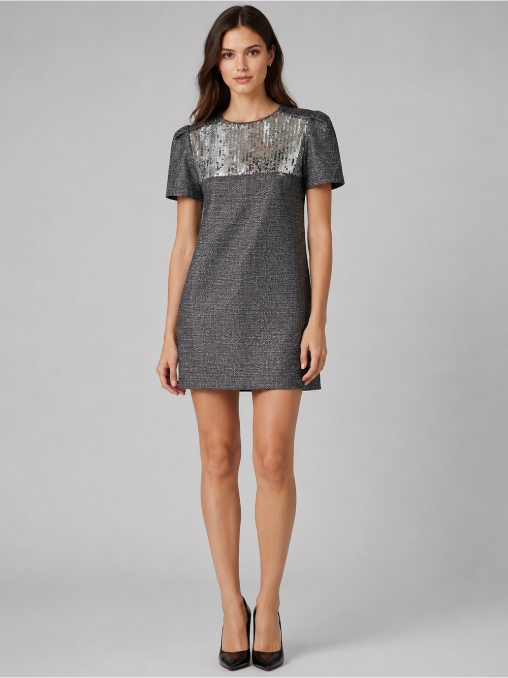 Saint Laurent Paris Metallic Shift Dress – Sequin Bib | IT 40 - US Size 4
